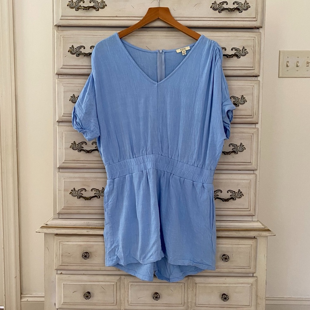 Sky Blue Linen Pocketed Romper